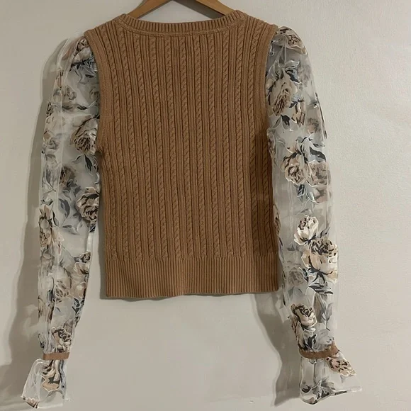 ANTHROPOLOGIE Maeve Contrast Sheer Sleeve Floral Cable Knit Sweater small - Picture 8 of 8